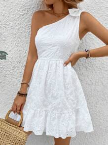 Breezaya Asymmetrical Neckline Ruffle Hem Dress With Random Floral Pattern Vacation Beach Outfits Women - White - View 1