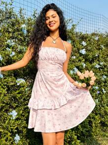 Soleia 女款花卉印花掛脖繫帶腰圍連身裙 - 粉色 - 查看 1