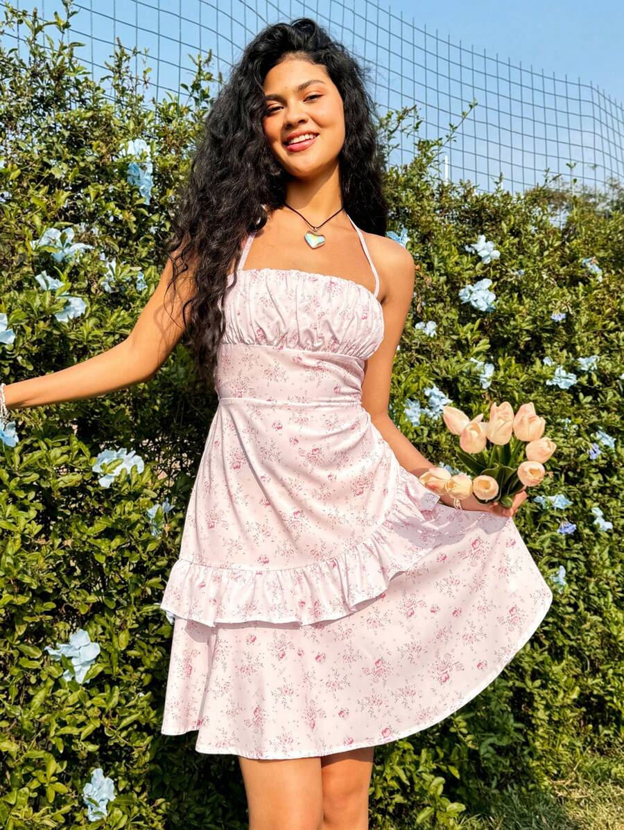 Soleia 女款花卉印花掛脖繫帶腰圍連身裙 - 粉色 - 查看 1