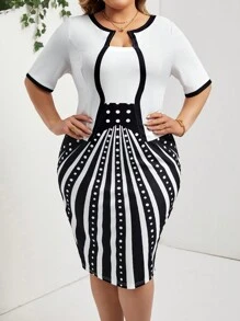 SHEIN Lady Plus Size Colorblock Half Sleeve Bodycon Dress With 2 In 1 Design - Black and White - View 6