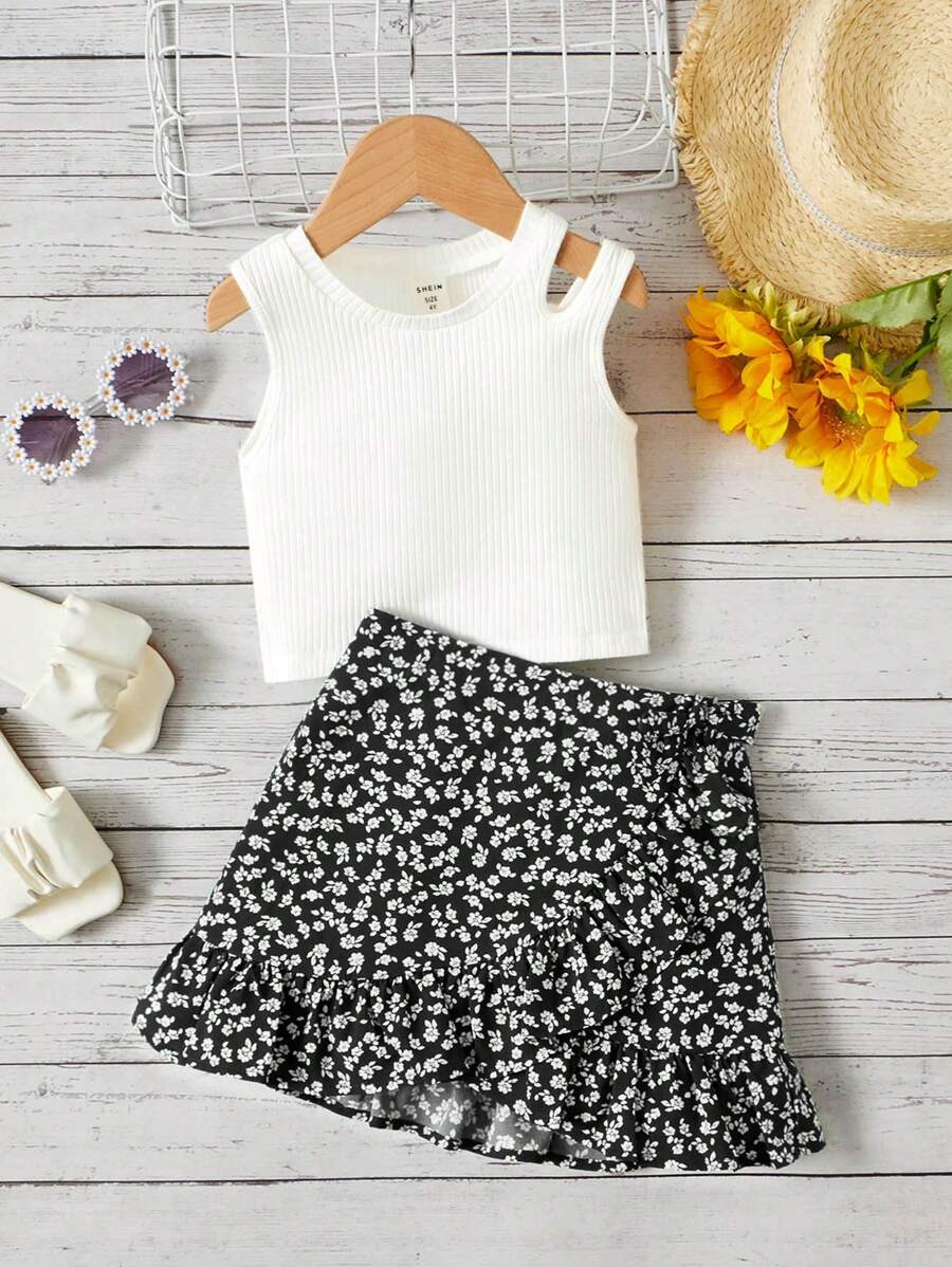 SHEIN Bộ đồ 2 món cho bé gái, gồm áo đơn sắc và chân váy họa tiết hoa. - trắng - Xem 1