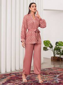 Modelyn Của phụ nữ Màu thuần Tay áo lồng đèn Áo Với thắt lưng Và Quần ống rộng Bộ - Hồng - Xem 5