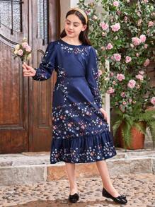 SHEIN Tween Girl Set Of 2pcs Vintage Floral Patterned Round Neck Long Sleeve Shirt With Ruffle Trim Skirt & Matching Outfits For Mommy And Me (Each Set Sold Separately)