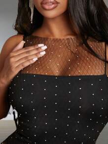 Slaydiva Valentine's Day Sleeveless Rhinestone Decor Mesh See Through Bodycon Mini Dress For Women, Black - Black - View 1
