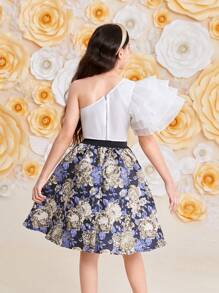 SHEIN Tween Girl 华丽荷叶边单肩两件套服装 - 藍色 - 查看 3