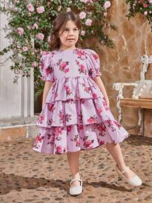 SHEIN Trẻ Cô gái Vòng cổ Ống tay áo Gấp ba Nhiều lớp Đầm Với Hình hoa , Mẹ & Phù hợp ( 2 Riêng biệt ) - Hồng - Xem 2