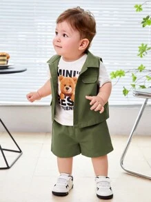 SHEIN Baby Boy's Short Sleeve Bear Print T-Shirt, Vest Outerwear, And Shorts 3pcs/Set - Green - View 7