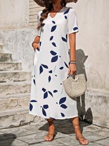 EMERY ROSE 缺口领口隐形口袋连衣裙长款女装 - 白色 - 查看 5