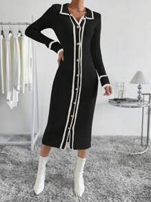 EMERY ROSE Khối màu Cạnh cuộn Nút xuống Tách Đầm Áo len - Đen và trắng - Xem 8