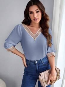 SHEIN LUNE Lace Insert V-Neck Blouse For Women - Dusty Blue - View 1