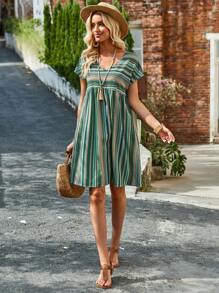 SHEIN LUNE Geometric Print V-Neck Loose Fit Dress - Multicolor - View 3