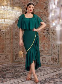 Modelyn Váy cổ vuông viền bất đối xứng cho nữ, Đầm dự tiệc buổi tối thanh lịch - màu xanh lá - Xem 6
