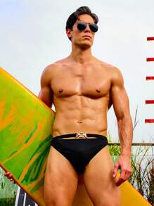 Manfinity 男士度假海滩纯色镂空三角泳裤 - 黑色 - 查看 3