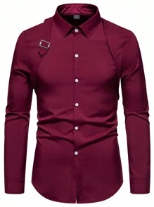 Manfinity AFTRDRK Camisa de manga larga de unicolor para hombre, camisa de vestir burdeos para hombre, camisa burdeos para hombre, camisa ajustada para hombre, camisa de vestir para hombre, camisa de moda para hombre, otoño - Burdeos - Ver 5