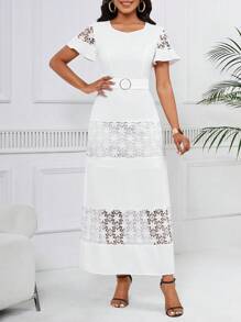 SHEIN Lady Ladies' Plain Embroidery Design Simple Dress - White - View 4