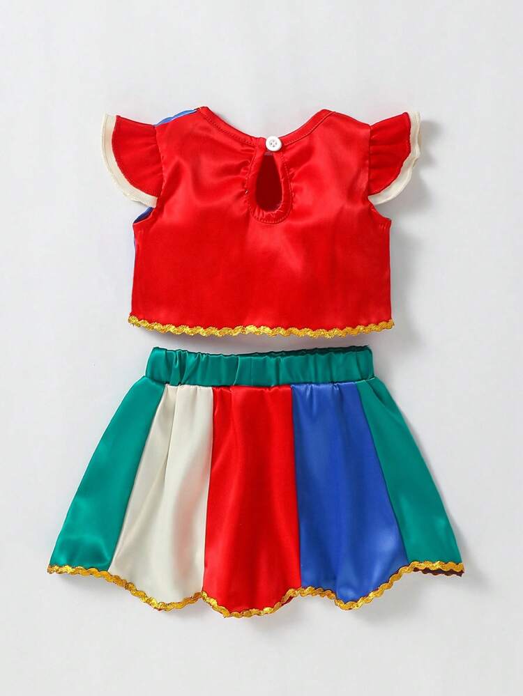 Newborn Baby Girls' Stylish Colorful Shiny Cap Sleeve & Color Block Top + Skirt Set, Cute Elegant For Party & Dance Occasions