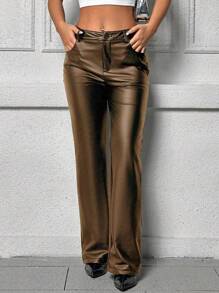 Grefit SHEIN Unity Pantalones Rectos De PU - Granate - Ver 4