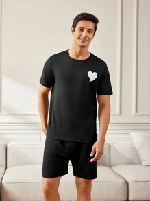 1套男士心形圖案短袖T恤和短褲家居服 - 黑色 - 查看 7