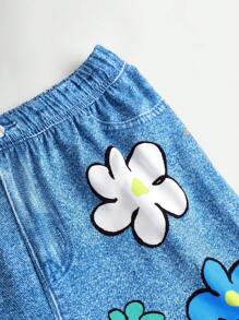 SHEIN 繡花與字母印花伸展褲，少女甜美時尚款，高腰設計，伸展裤裁剪 - 彩色 - 查看 3