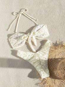 SHEIN Swim 夏季女士纹理吊带比基尼套装 - 米色 - 查看 5