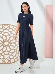 Seusyu Women's Solid Color Simple Style Waist-Cinched Dress - Navy Blue - View 7