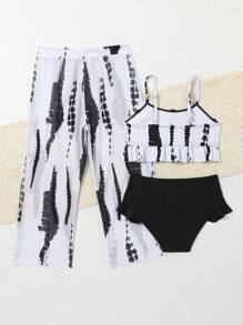 Young Girl Spaghetti Straps Sleeveless 3-Piece Swimwear Set With Random Prints - Black - View 2