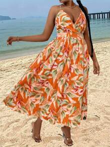 SHEIN Holidaya 女款大尺寸全印花 V 領腰掛脖連身裙