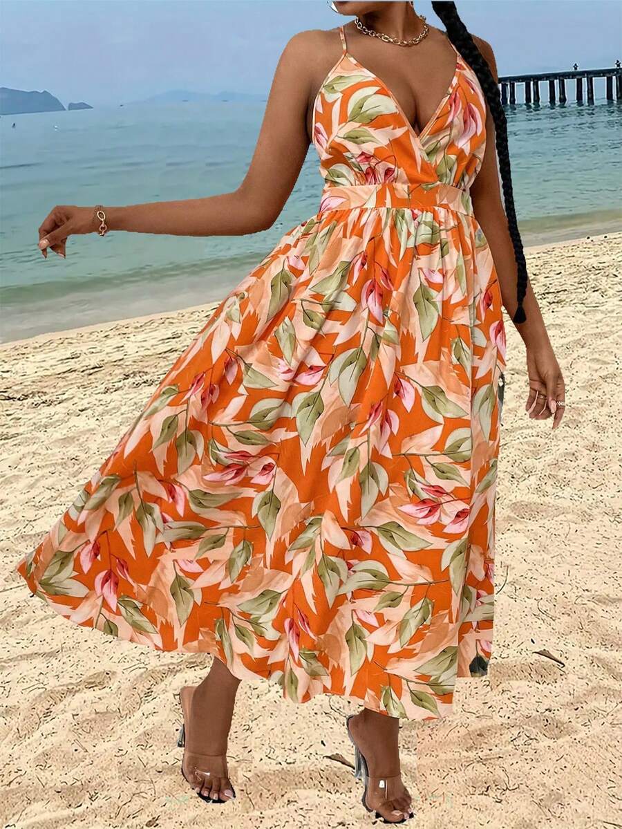 SHEIN Holidaya 女款大尺寸全印花 V 領腰掛脖連身裙