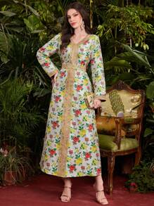 Al Najma Robe arabe à col V avec imprimé floral pour femmes - Multicolore - Voir 1