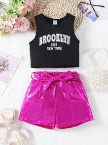 SHEIN 2 件/套少女休閒運動圓領無袖短上衣鬆緊腰帶純色短褲配腰帶,夏季 - 黑色 - 查看 3