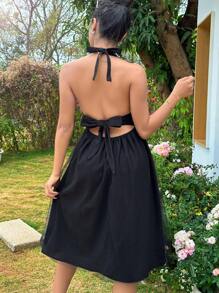 SHEIN Unity Solid Color Contrast Mesh Backless Tie Neck Halter Dress - Black - View 2