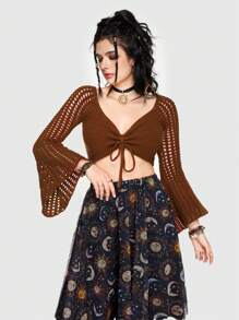 ROMWE Hippie Front Tie Flare Sleeve Eyelet Knitted Sweater - Rust Brown - View 1