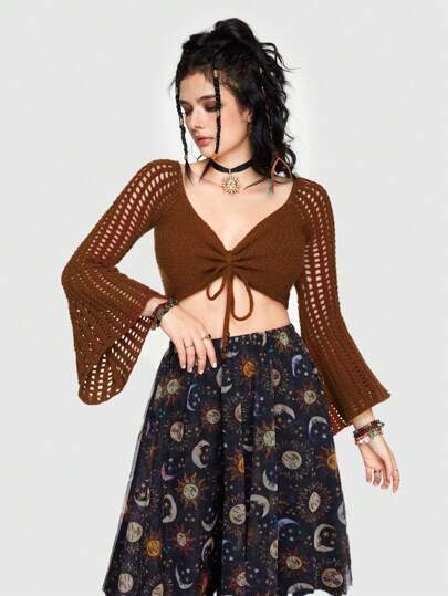 Hippie Front Tie Flare Sleeve Eyelet Knitted Sweater