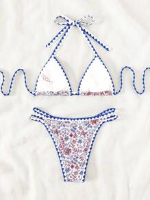 SHEIN Swim Summer Beach Floral Print Halter Triangle Bikini Set - Multicolor - View 2