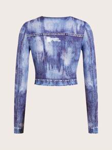 SHEIN ICON Women's Y2k Grunge Blue Denim Effect Crop Top T-Shirt - Grey - View 3