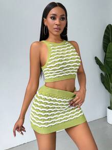 Zolique Wave Pattern Raglan Sleeve Top & Skirt Set - Green - View 5