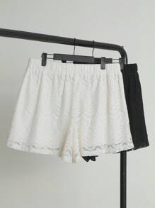 Flirla 2 Piezas/set Pantalones Cortos De Encaje De Cintura Elástica De Color Sólido - Multicolor - Ver 1