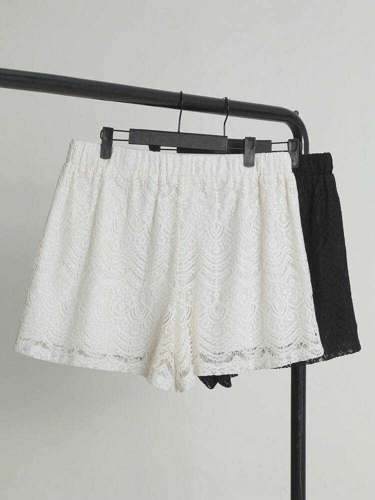 2pcs/Set Solid Color Elastic Waist Lace Shorts