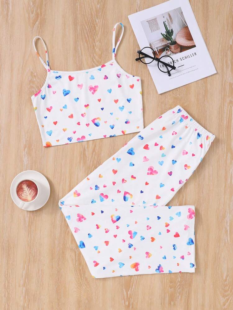 Teen Girls' Knitted Colorful Heart Pattern Cami Top And Long Pants Casual Homewear