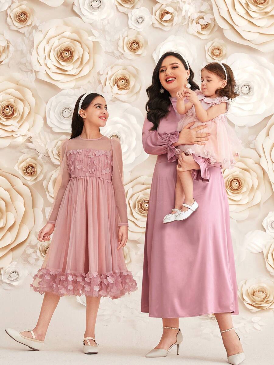Modelyn 1 pieza Vestido de noche de talla grande con cuello de embudo y mangas con volantes - Rosa vieja - Ver 1