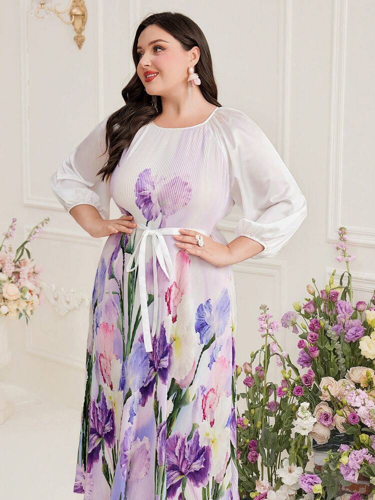 Plus Size Floral Printed Lantern Sleeve Belted Dress Long Evening Dresses