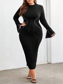Seusyu 大喇叭袖提臀緊身連身裙 - 黑色 - 查看 3