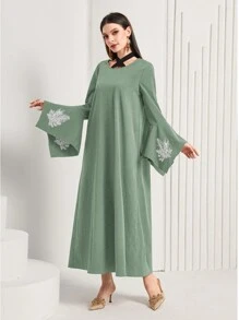 Al Najma Vestido De Manga Acampanada Bordado Para Mujer - Verde - Ver 4