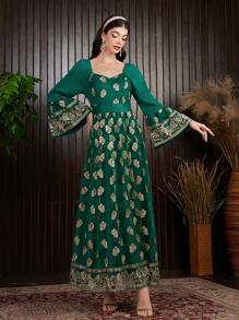 Al Najma Positioning Embroidery Sweetheart Neck Dress - Dark Green - View 6