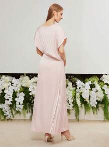 MOTF PREMIUM WOVEN WOMEN'S SOLID PLEATED BATWING SLEEVE DRESS WEDDING GUEST DRESS WOMEN - Pink - View 5