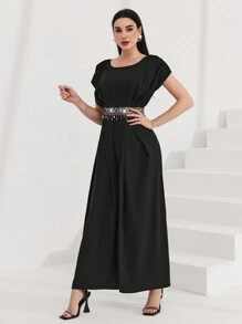 Al Najma 女式圓領腰部拼接亮片蝙蝠短袖連身褲 - 黑色 - 查看 5