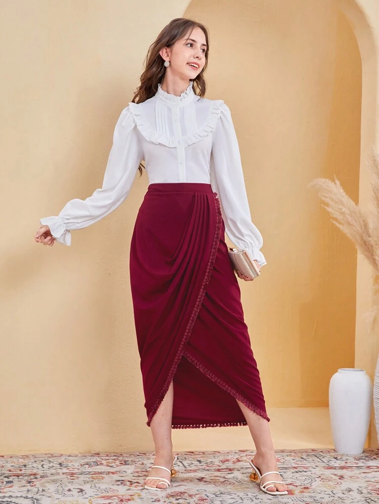 Teen Girls' Woven Plain Color Pleated Patchwork Fringe Lace Wrap Skirt