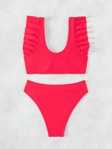 SHEIN Swim 夏季海滩女士纯色荷叶边比基尼套装 - 紅色 - 查看 5