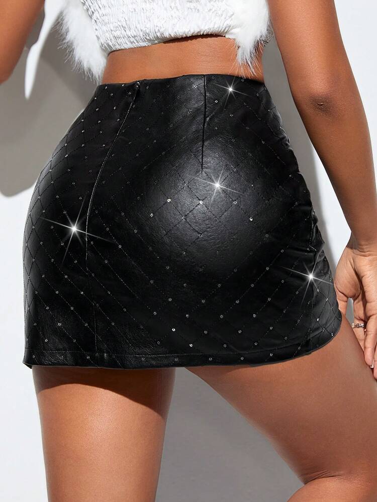 Women's Pu Leather Side Slit Hem Mini Skirt