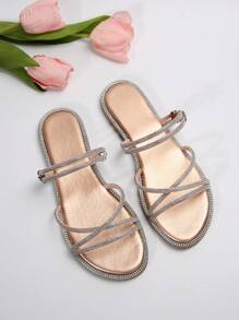 女式時尚金色平底涼鞋、拖鞋,適用於所有場合 - 金色 - 查看 4